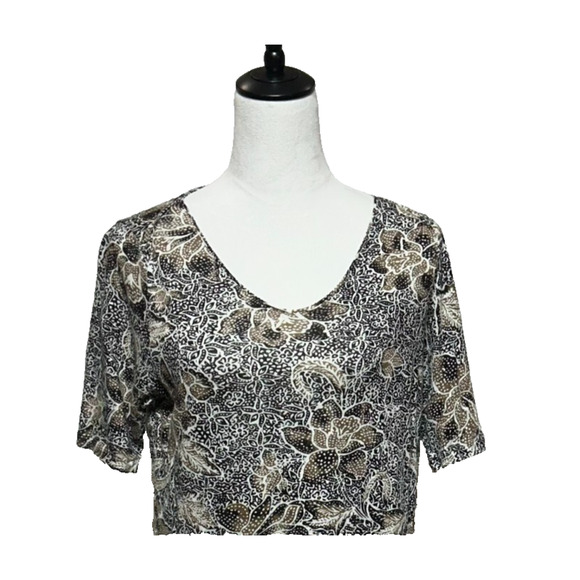 J Jill Top Womens Medium Black Tan Floral 100% Linen Short Sleeve Scoop Neck - Picture 1 of 8